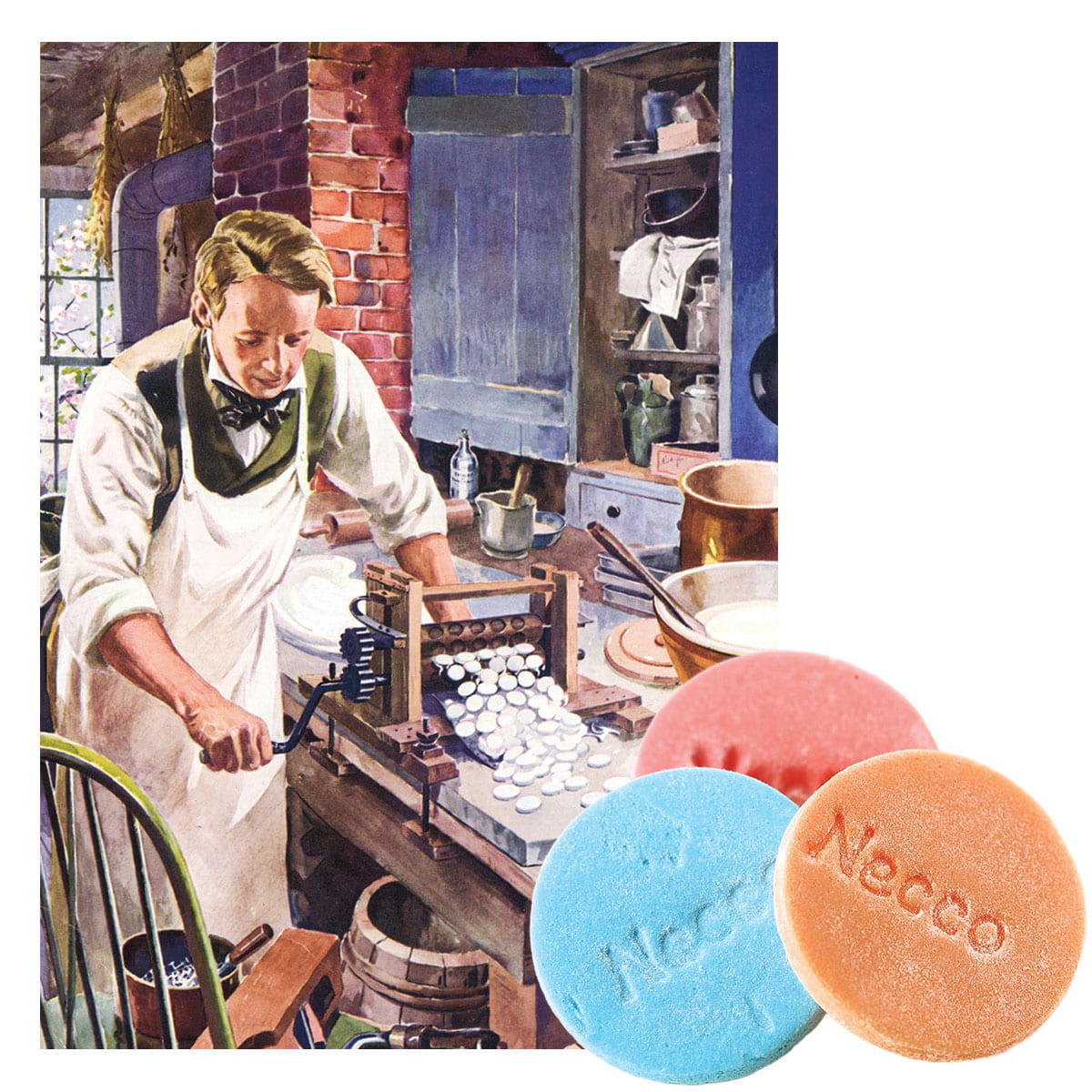 vintage ad of a man making Necco wafers