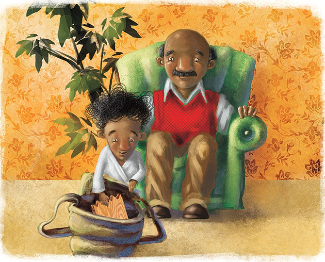 enlargeable illustration of an old man in a chair smiling while a young boy looks in his bag