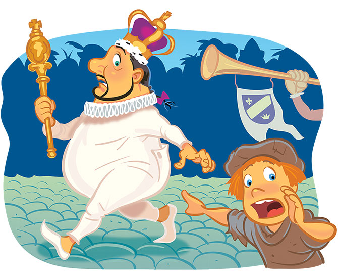 enlargeable illustration of a young child pointing at a king wearing his underpants