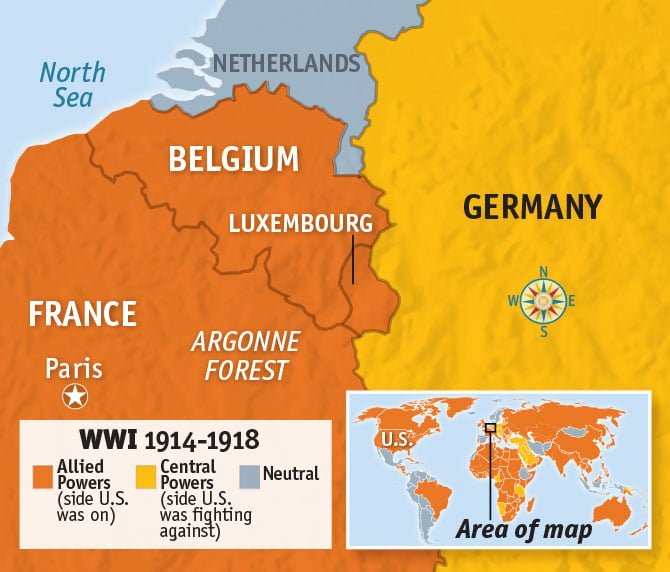 enlargeable locator map of European countries involved in WWI