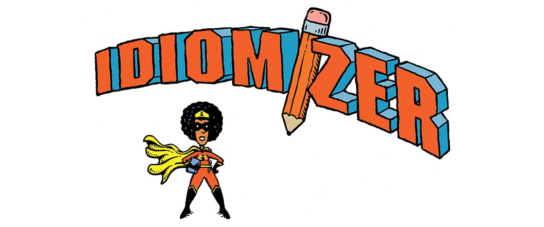 cartoon of a caped superhero with the word Idiomizer behind her