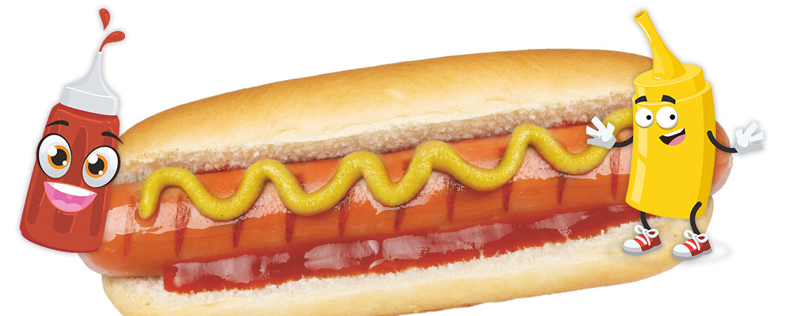 image of a hot dog with animated ketchup and mustard bottles