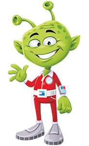 A smiling green alien wearing a red space uniform and waving