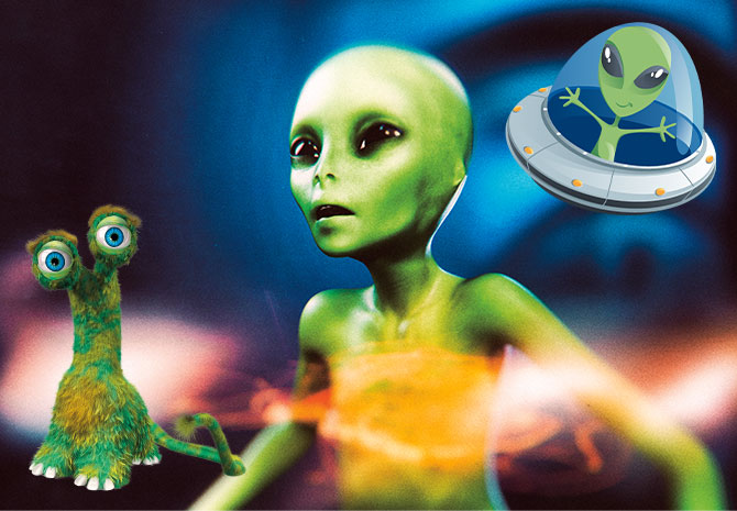 Enlargeable illustrations of different types of green aliens