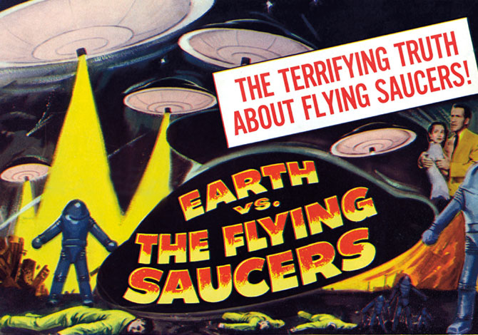 A movie poster with an illustration of a UFO and the text: Earth vs. Flying Saucers
