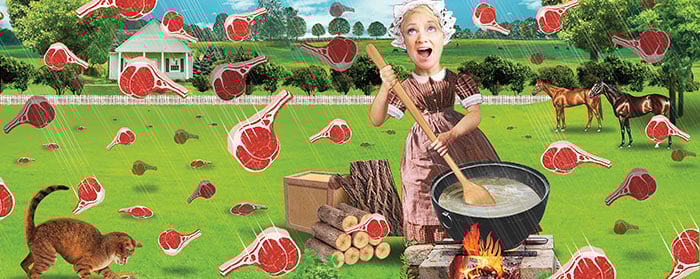 A woman using a long spoon to stir soup looking up in shock as meat falls from the sky