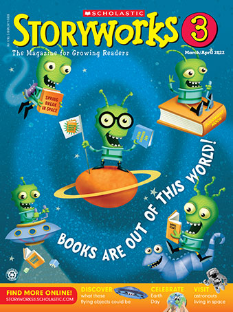 Five green aliens floating in space with books