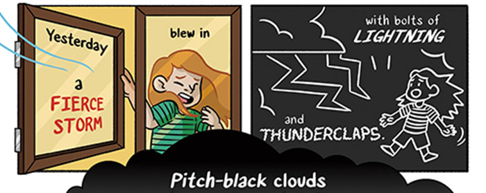 Poem with illustrations of a girl reacting to a storm.