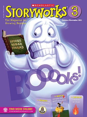 cover of Storyworks 3 with illustration of a scared ghost reading a book with the tagline "Booooks"