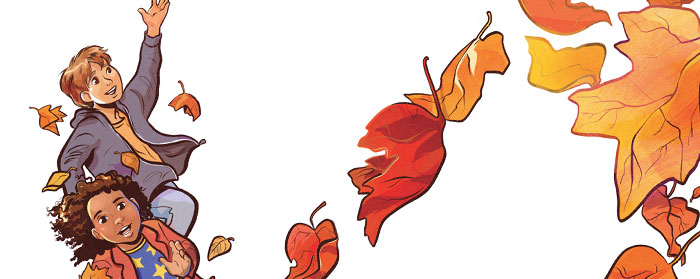 illustration of two children playing with leaves of different colors
