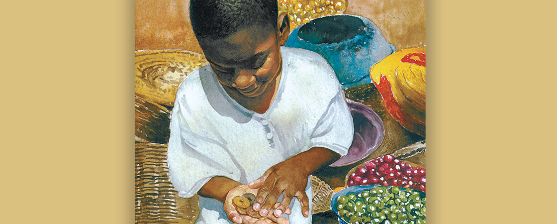Illustration of a boy smiling as he counts coins in his palm with baskets of fruit in the background