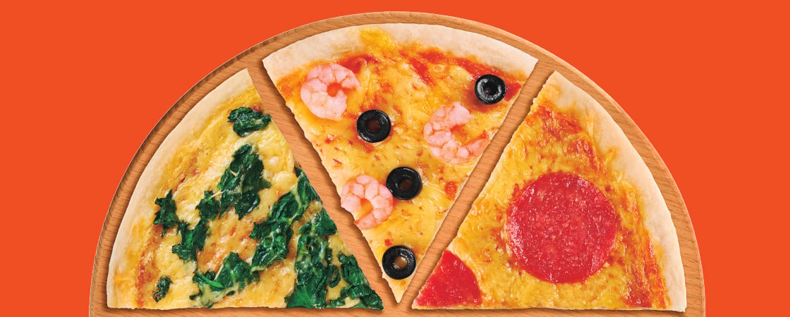 Image of three different slices of pizza