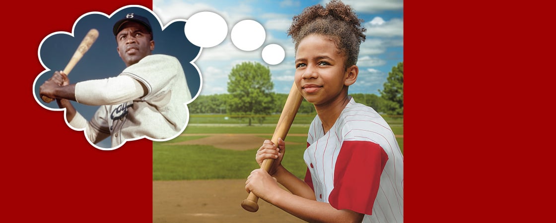 Image of kid envisioning Jackie Robinson as they hit the baseball