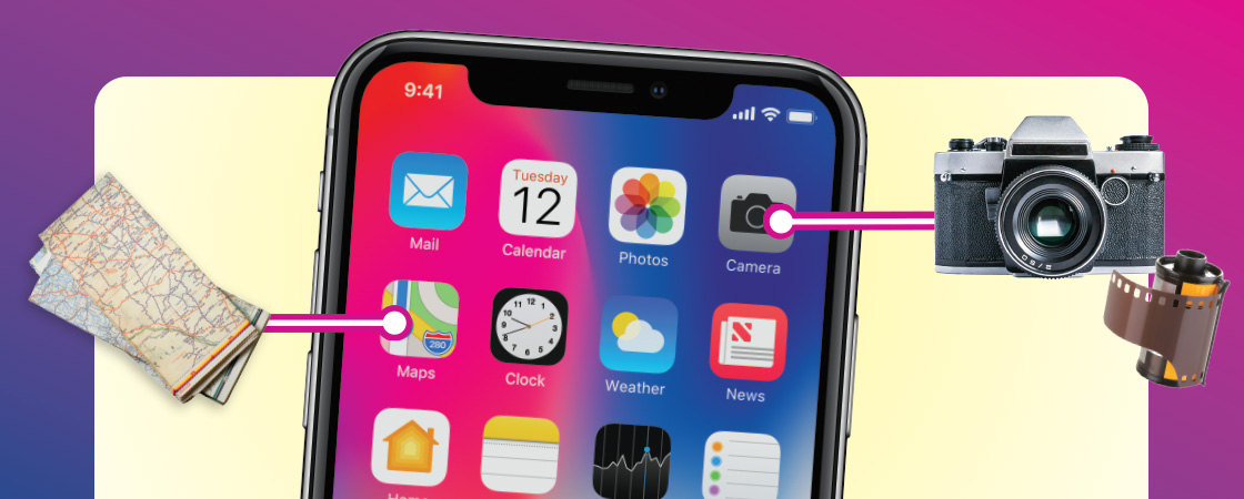 Image of phone icons with an actual camera, film, and map