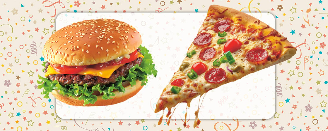 Image of a cheeseburger and slice of pizza