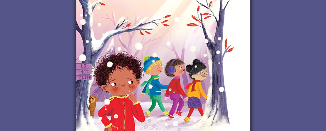 Illustration of a group of kids walking into the snowy woods