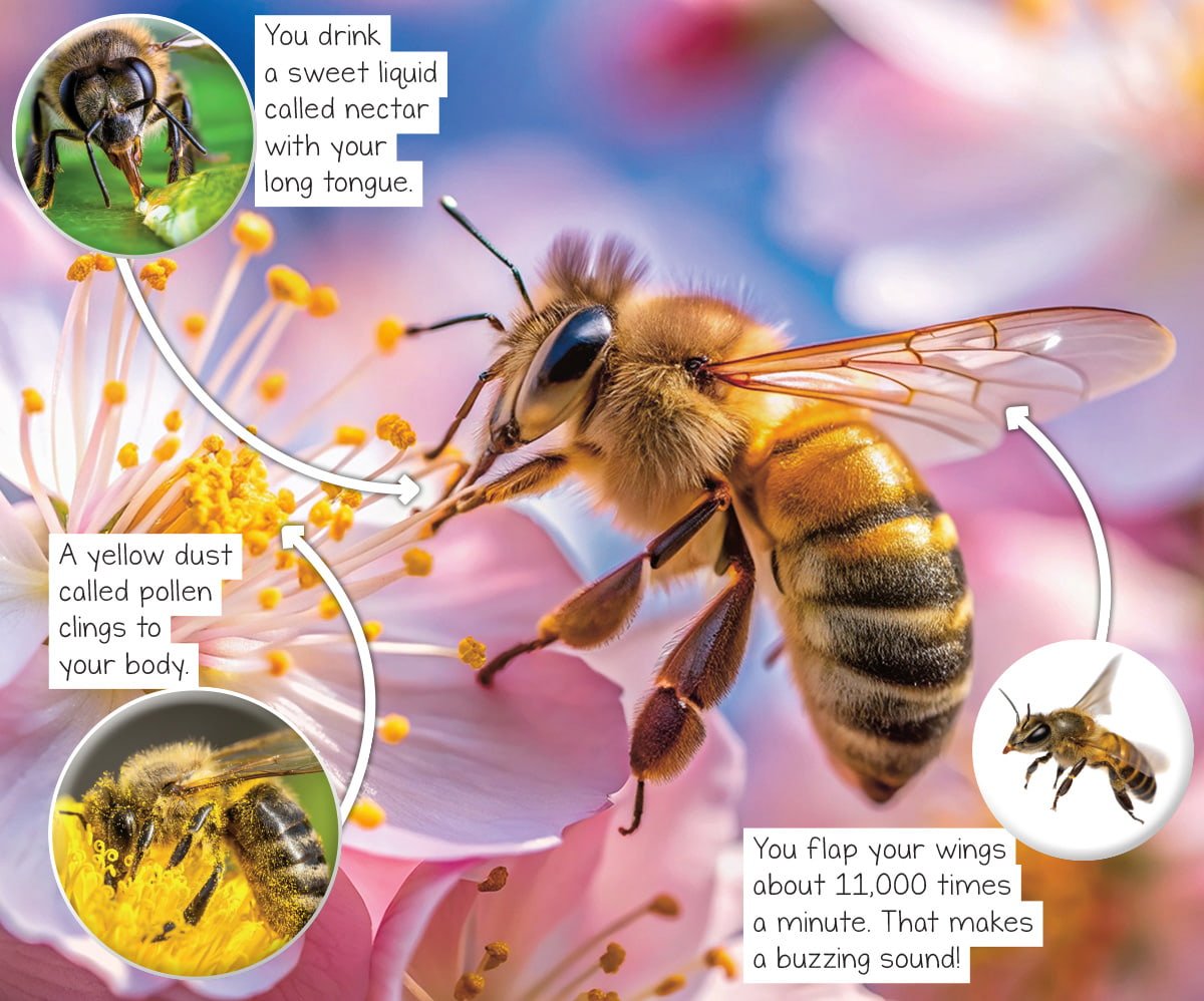 Close-up image of a bee on a flower with three facts about it