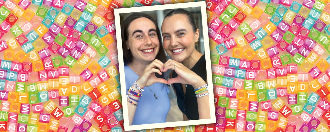 Image of two friends wearing friendship bracelets