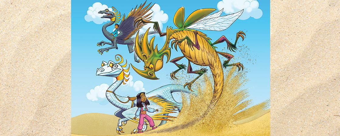 Illustration of kids with sand dragons