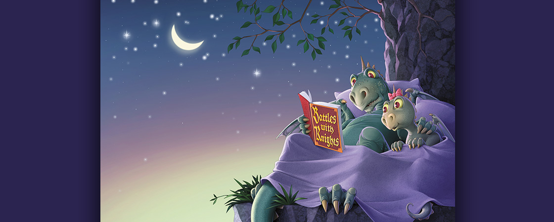 Illustration of dragons reading bedtime stories