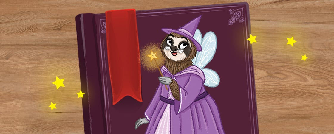 Illustration of magical sloth with wand and wings