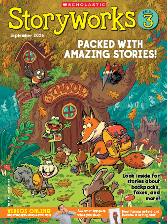 Cover of Storyworks Edition 3, cartoon animals with backpacks gather outside a tree school in a forest