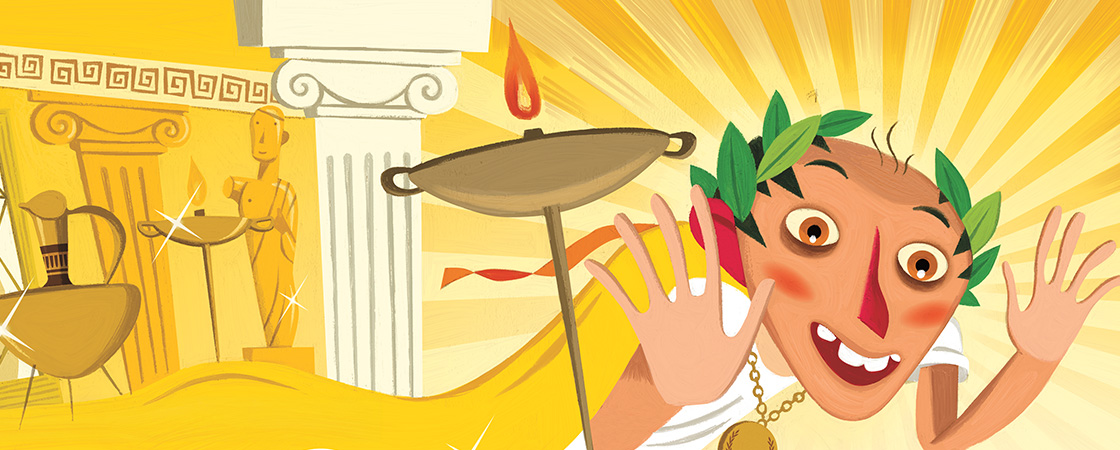 A cartoon figure wears a laurel wreath near a lit Olympic torch and a Greek temple column