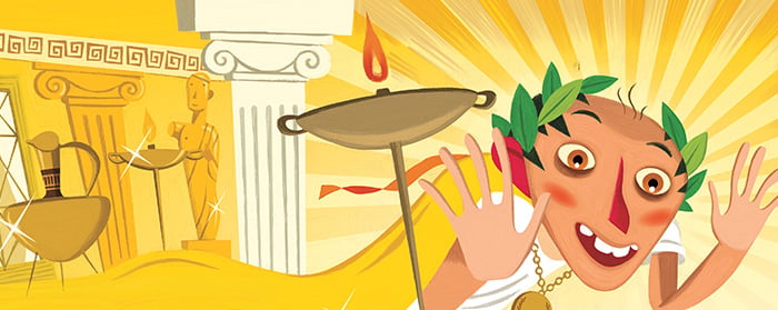 A boy with a laurel wreath runs past a lit torch and a Greek column