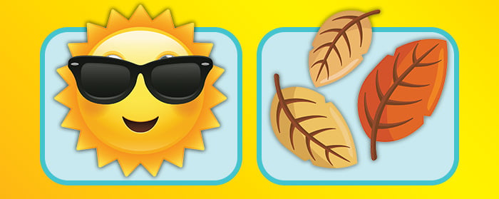 A sun with sunglasses and three autumn leaves represent summer and fall seasons