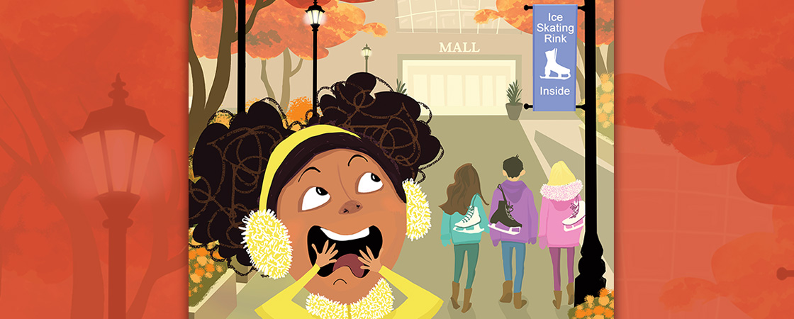 A girl reacts with excitement near a mall sign for an Ice Skating Rink Inside