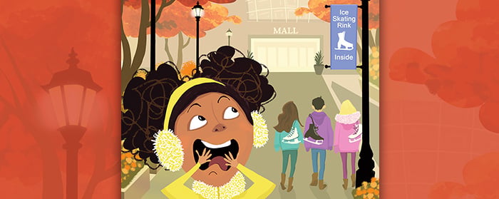 A girl reacts with wide eyes and an open mouth near a mall sign for an ice skating rink