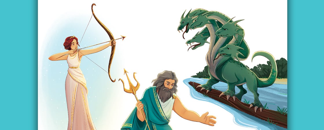 A woman aims a bow and arrow toward a three-headed dragon as a bearded man holds a trident nearby
