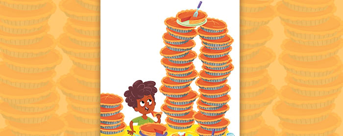 A child sits beside two tall stacks of pies and looks up at a single pie balanced on top