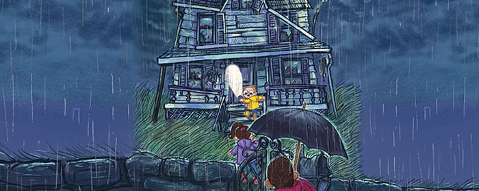 Two children stand in heavy rain outside a dark, old house as a glowing figure appears on the porch