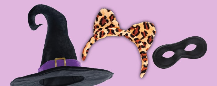 Three Halloween costume accessories: a witch hat, a leopard print cat ear headband, and a black eye mask