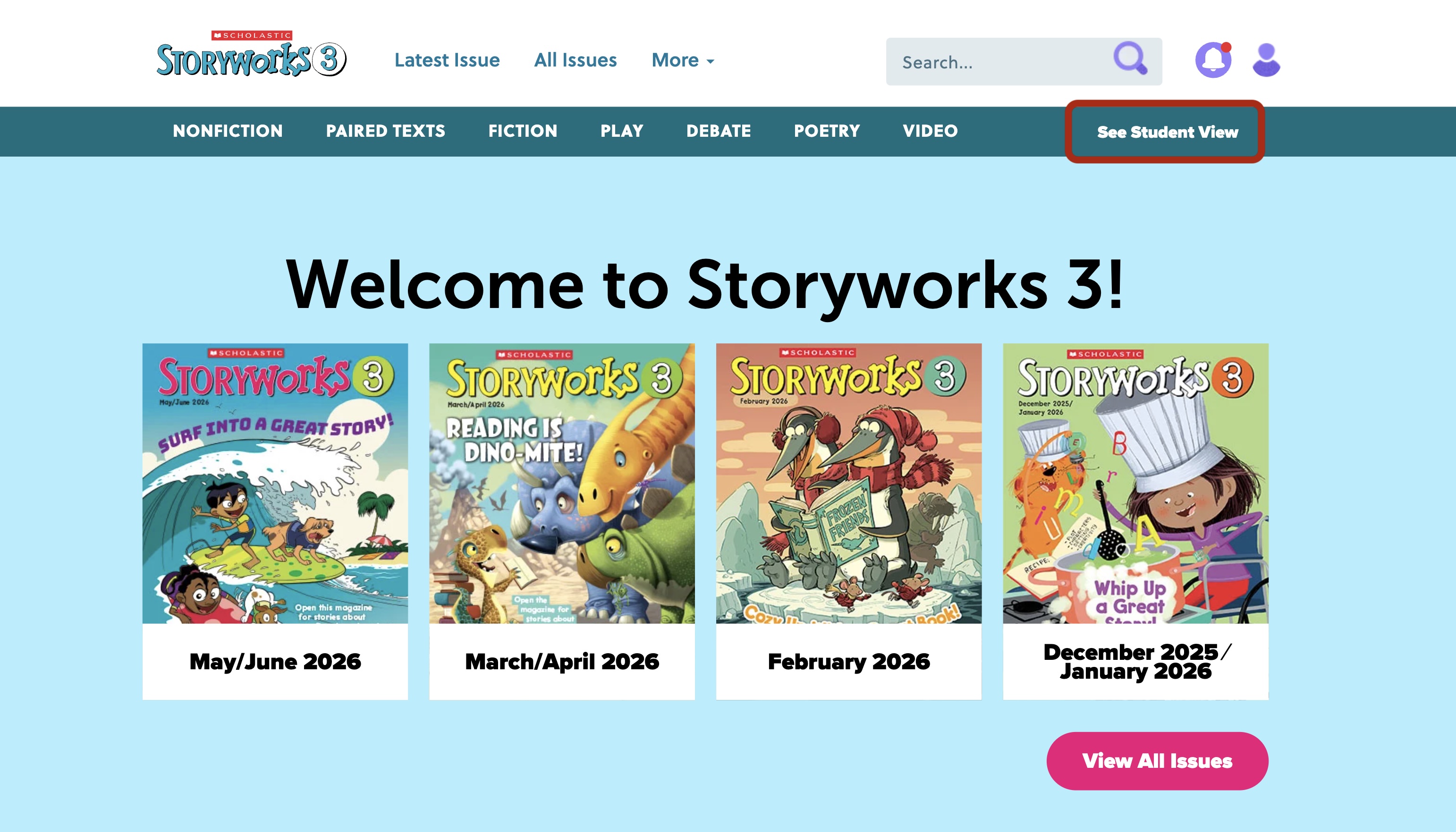 The Storyworks 3 homepage displays four recent magazine issue covers with a See Student View button highlighted