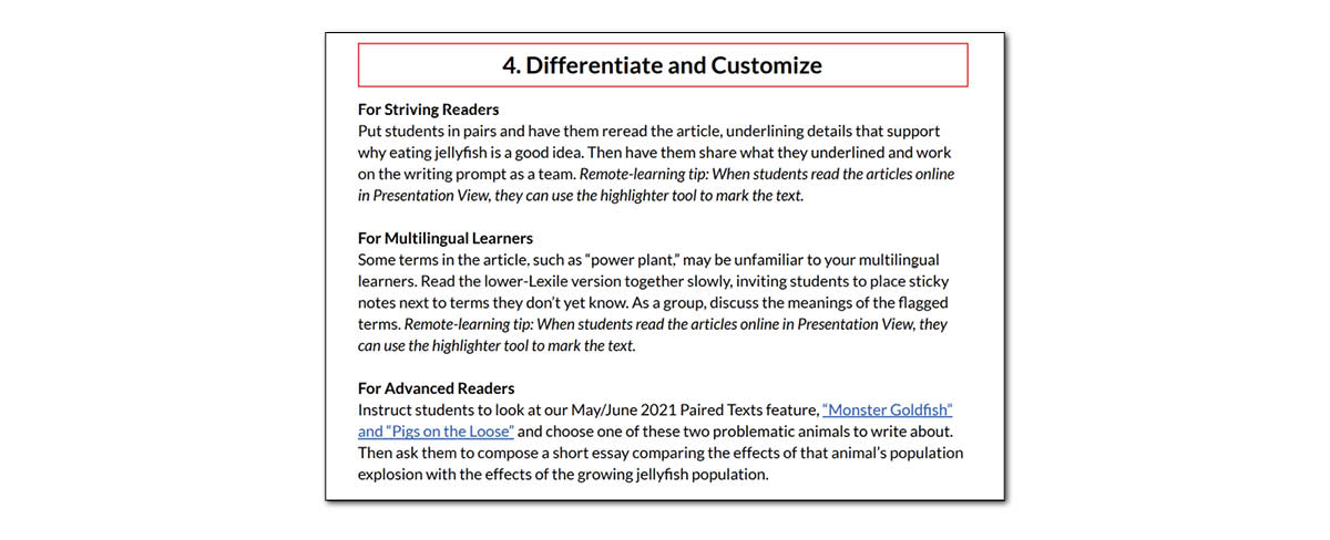 Differentiation and Customize section