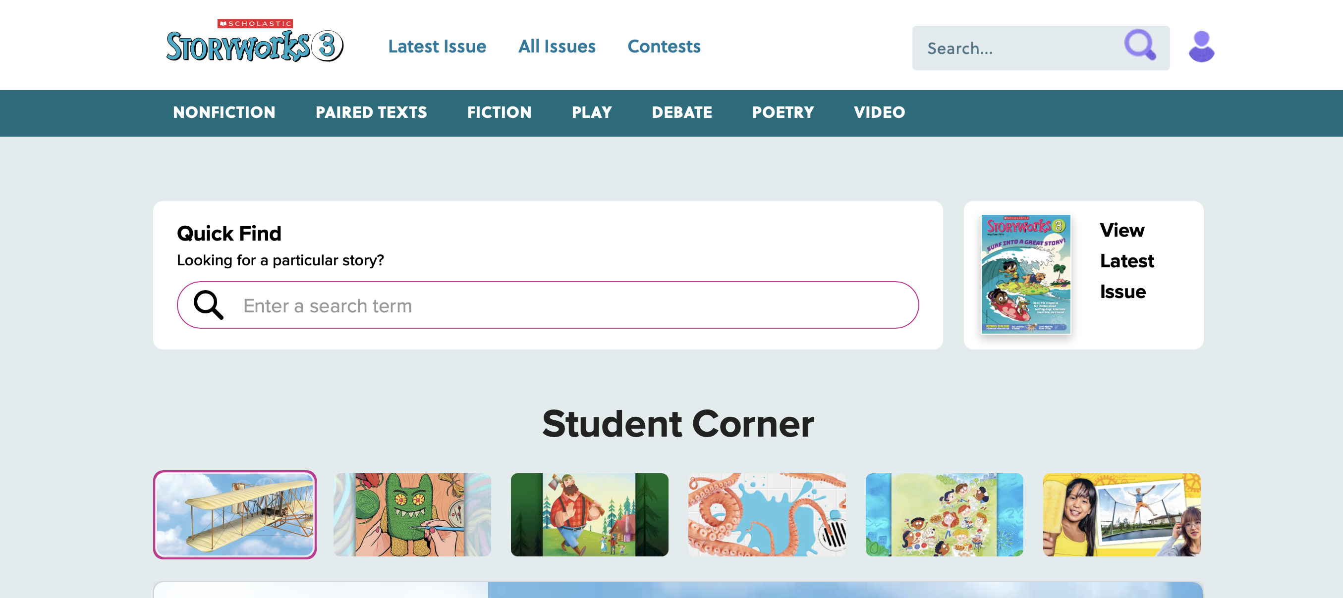 The Scholastic Storyworks 3 website homepage with navigation, a search bar, and a Student Corner section